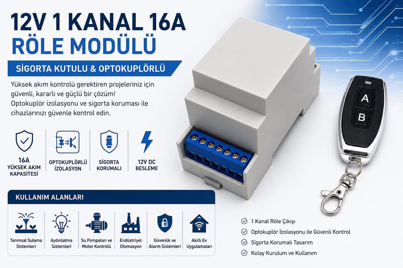 12V 1 Kanal 16A Röle Modülü Nedir? Nerelerde Kullanılır?