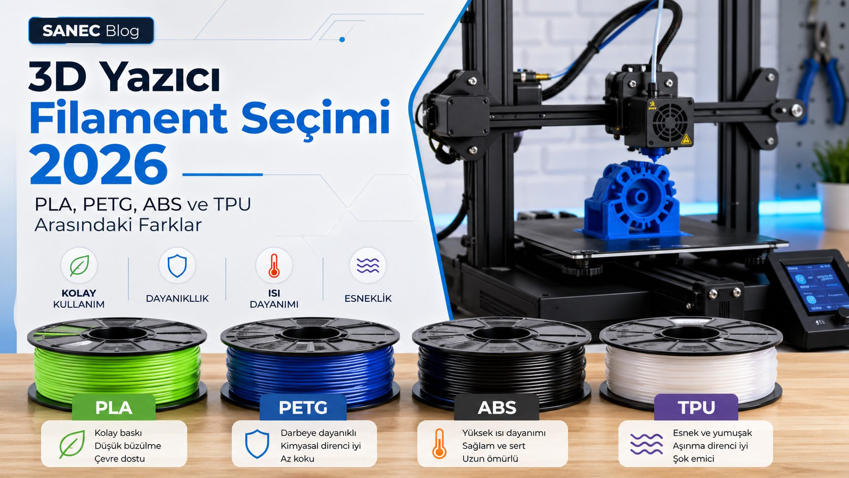 3D Yazıcı Filament Seçimi 2026: PLA, PETG, ABS ve TPU Arasındaki Farklar Nelerdir.