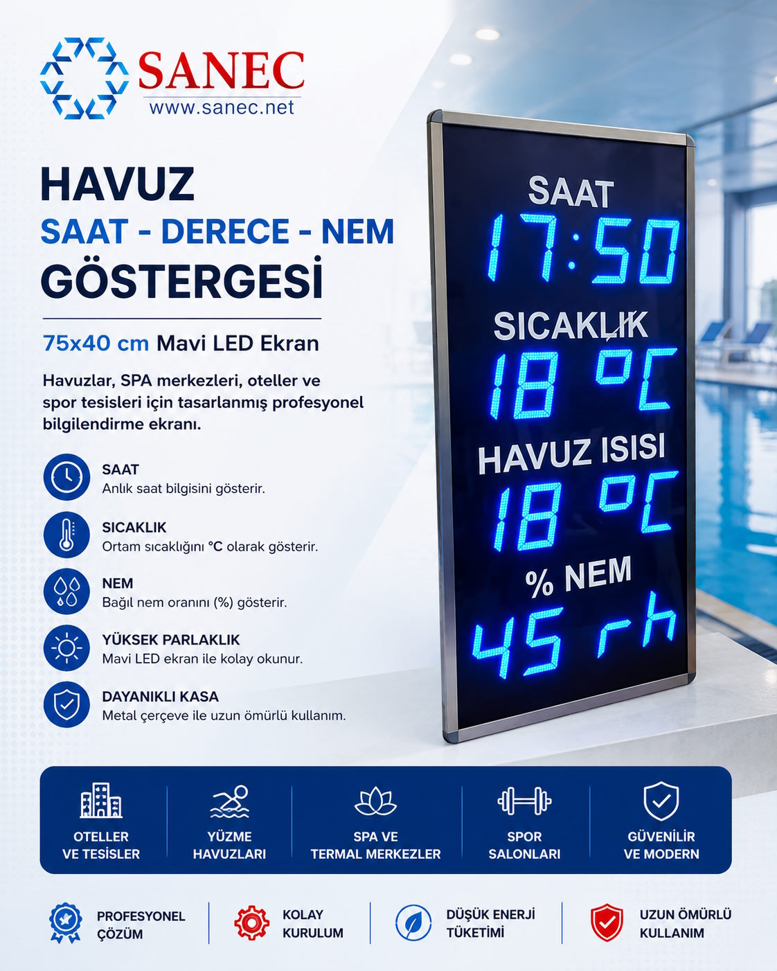 Havuz Saat Derece Nem Göstergesi Nedir? 75x40 cm Mavi LED Havuz Göstergesi Özellikleri ve Kullanım Alanları