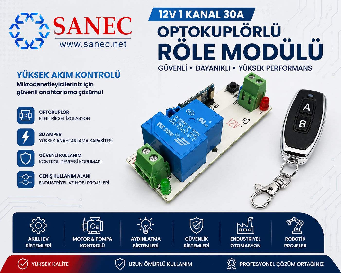 SANEC 12V 1 Kanal 30 Amper Optokuplörlü Röle Modülü Nedir? Özellikleri, Bağlantısı ve Kullanım Alanları