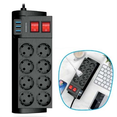Isıya Dayanıklı Termal Akım Korumalı 2 Metre 16A 4000W 8li Priz ve 3 Usb Li Uzatma Kablosu Isıya Dayanıklı Termal Akım Korumalı 2 Metre 16A 4000W 8li Priz ve 3 Usb Li Uzatma Kablosu