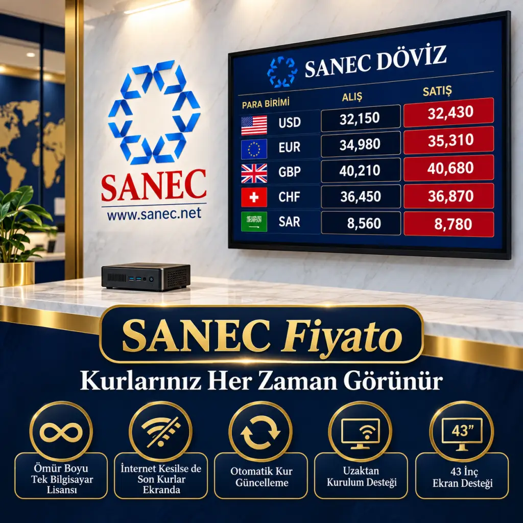SANEC Döviz Bürosu Fiyat Tabelası – 32" HDMI Ekranlı Dijital Fiyat Tabelası Sistemi 