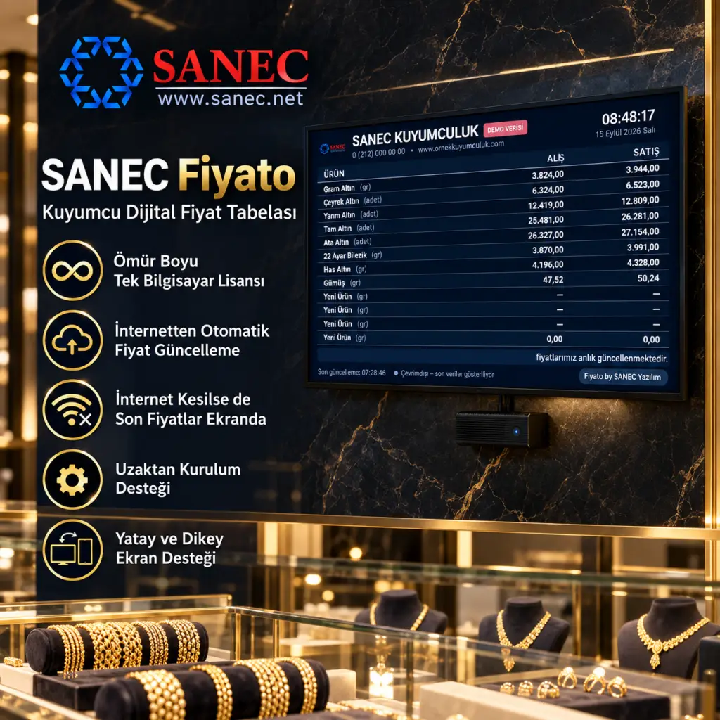 SANEC Kuyumcu Fiyat Tabelası – 32" HDMI Ekranlı Dijital Fiyat Tabelası Sistemi 