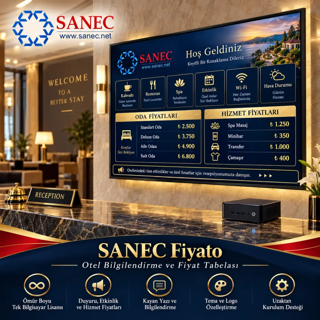 SANEC Otel Fiyat Tabelası – 32" HDMI Ekranlı Dijital Fiyat Tabelası Sistemi 