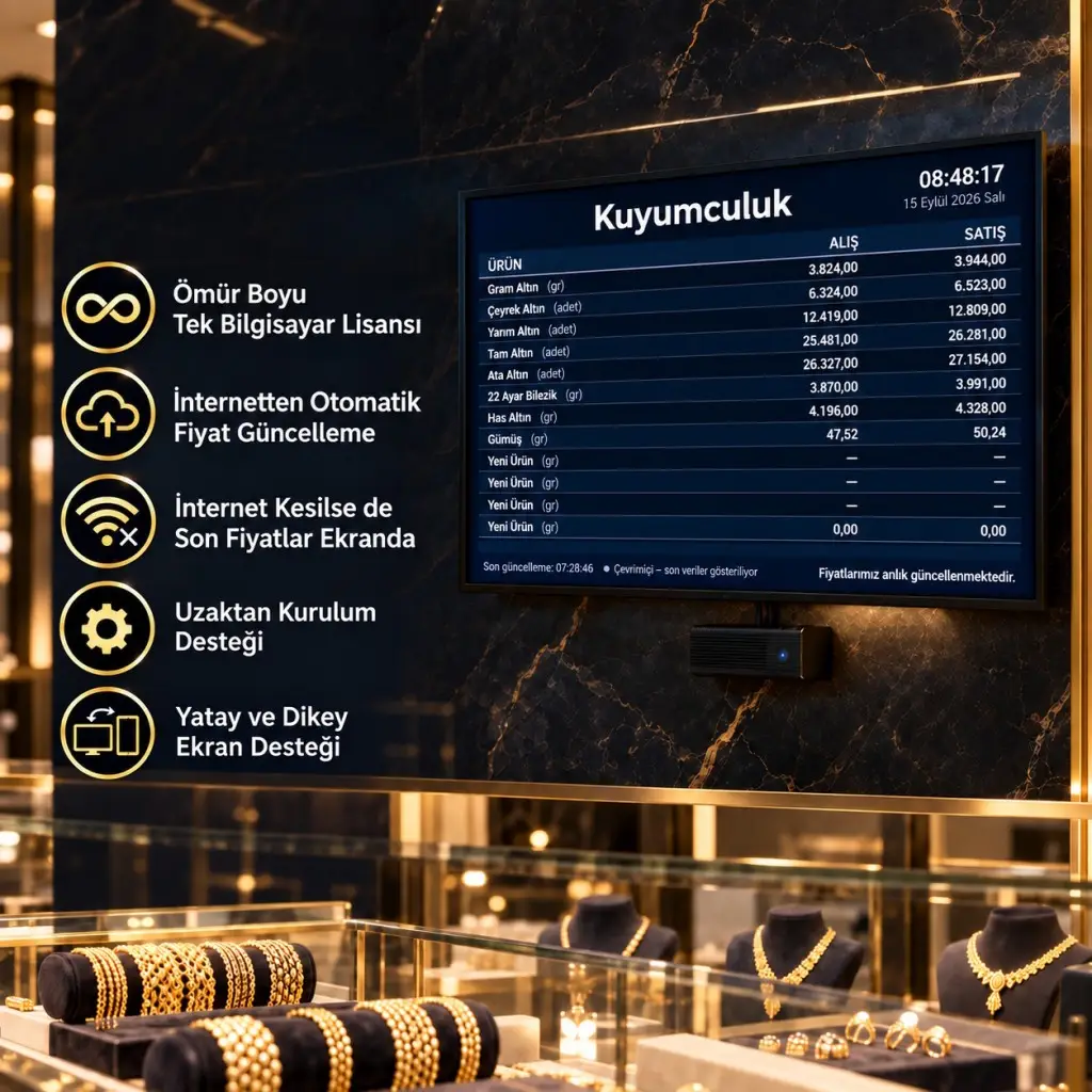 SANEC Kuyumcu Fiyat Tabelası – 43" HDMI Ekranlı Dijital Fiyat Tabelası Sistemi 