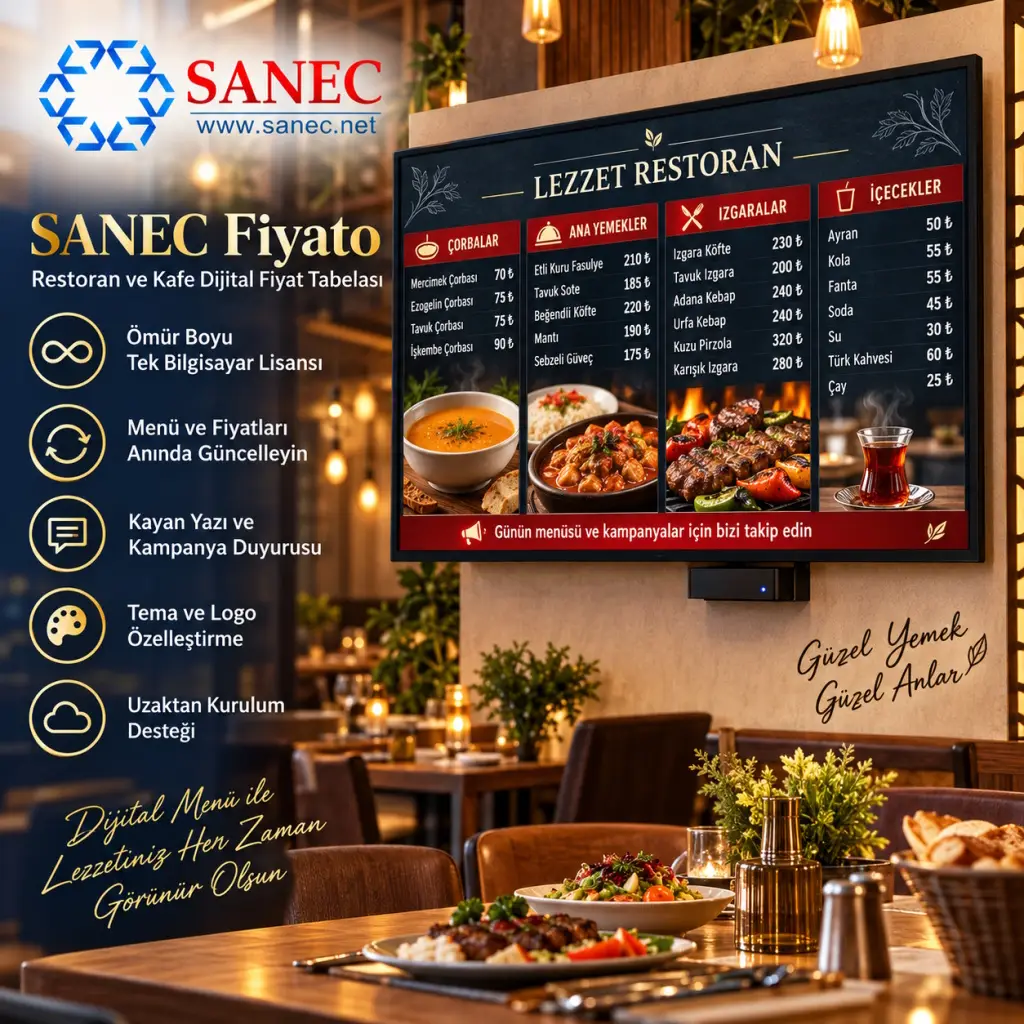 SANEC Restoran & Kafe Fiyat Tabelası – 32" HDMI Ekranlı Dijital Fiyat Tabelası Sistemi 