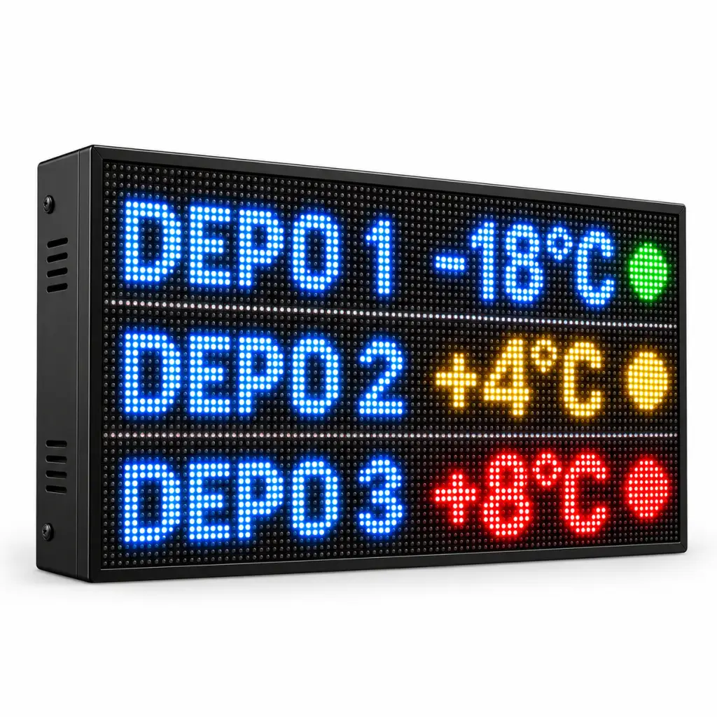 SANEC Soğuk Zincir Depo Sıcaklık Tabelası – 4 Depo Renkli Alarmlı, Kayan Yazılı, Full Renkli P4 LED (Kasa Ölçüsü: 64x128 cm)